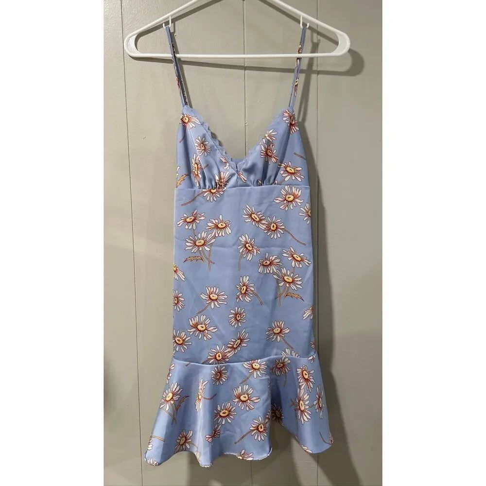 Urban Outfitters Daisy Slip Dress XS – Blue Floral Ruffle Hem Mini Dress Y2K Sof